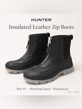 Hunter Bethanie Insulated Zip Boots Black Waterproof Faux Shearling 10